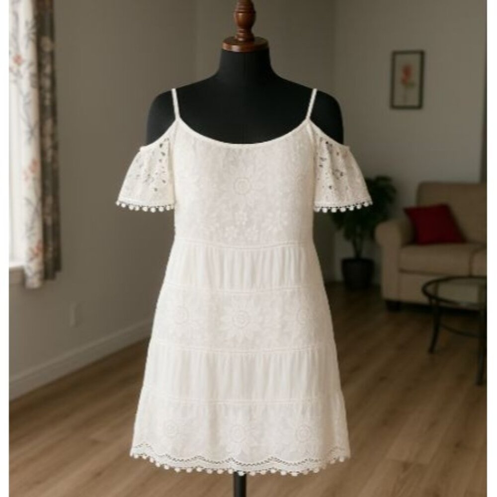 Signature Size L  Robbie Bee White Lace Off-Shoulder Dress Pom Trim Sleeves